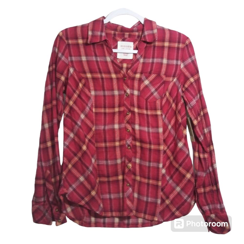 Sonoma Pink Plaid Western Button Front Long Sleeve Top Size PS